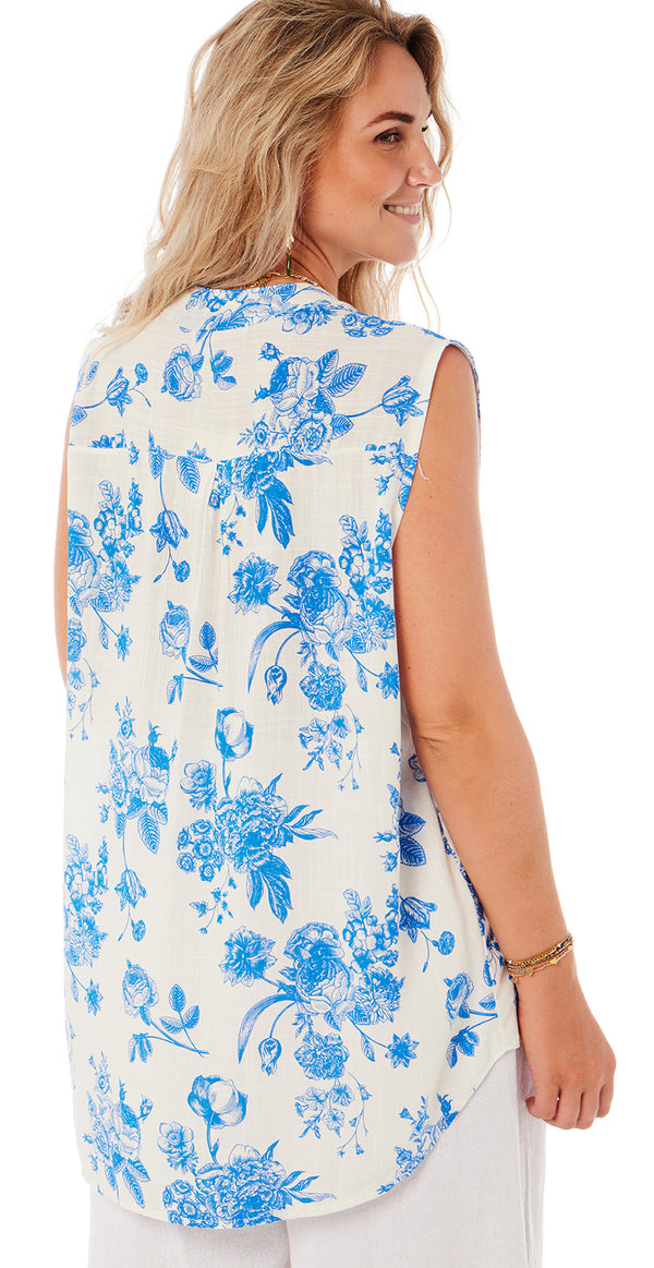 Bluse uden ærmer med blomstermønster royalblue Likelondon