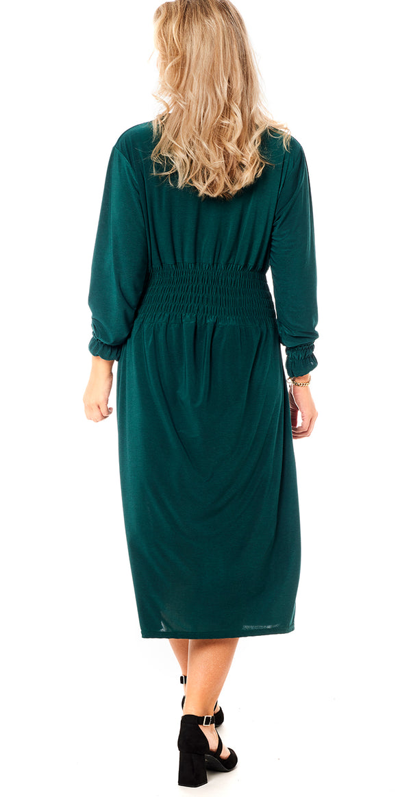 Kjole med smock detaljer flaskegrøn Likelondon