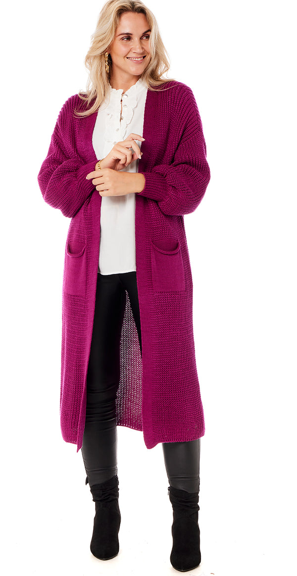 Lang strik cardigan med lommer magenta Likelondon