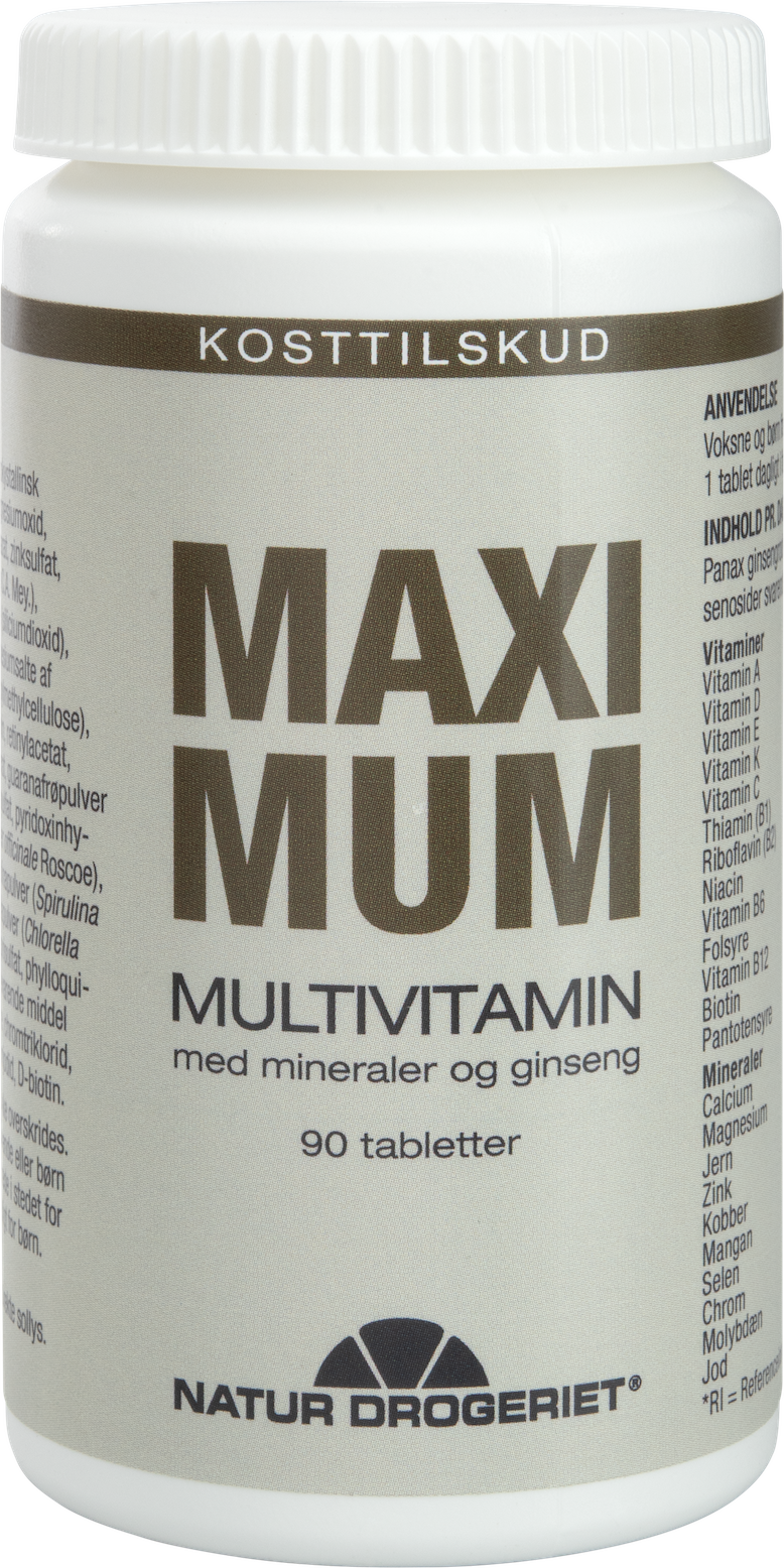 Maximum m/ginseng 200 stk. 
Natur-Drogeriets bud på en daglig vitaminpille hedder Maximum.
Du får her hele 13 vitaminer, 10 mineraler og ginseng.
Anvendelse: 1 tablet dagligt i forbindelse med et måltid. Opbevares ved stuetemperatur, tørt og ikke i direkte sollys.
Naturdrogeriet