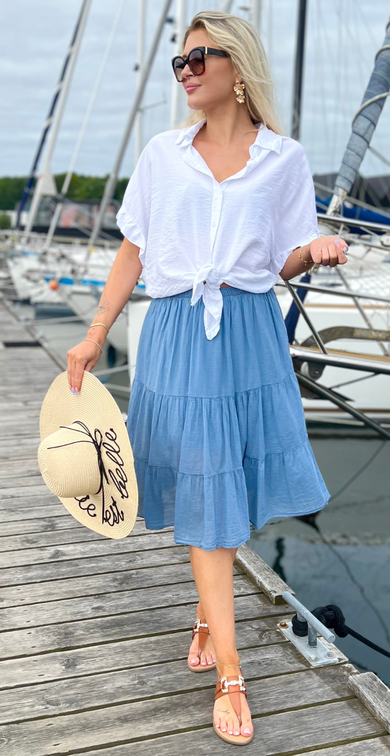 Kort nederdel med peplum og elastik i taljen denim