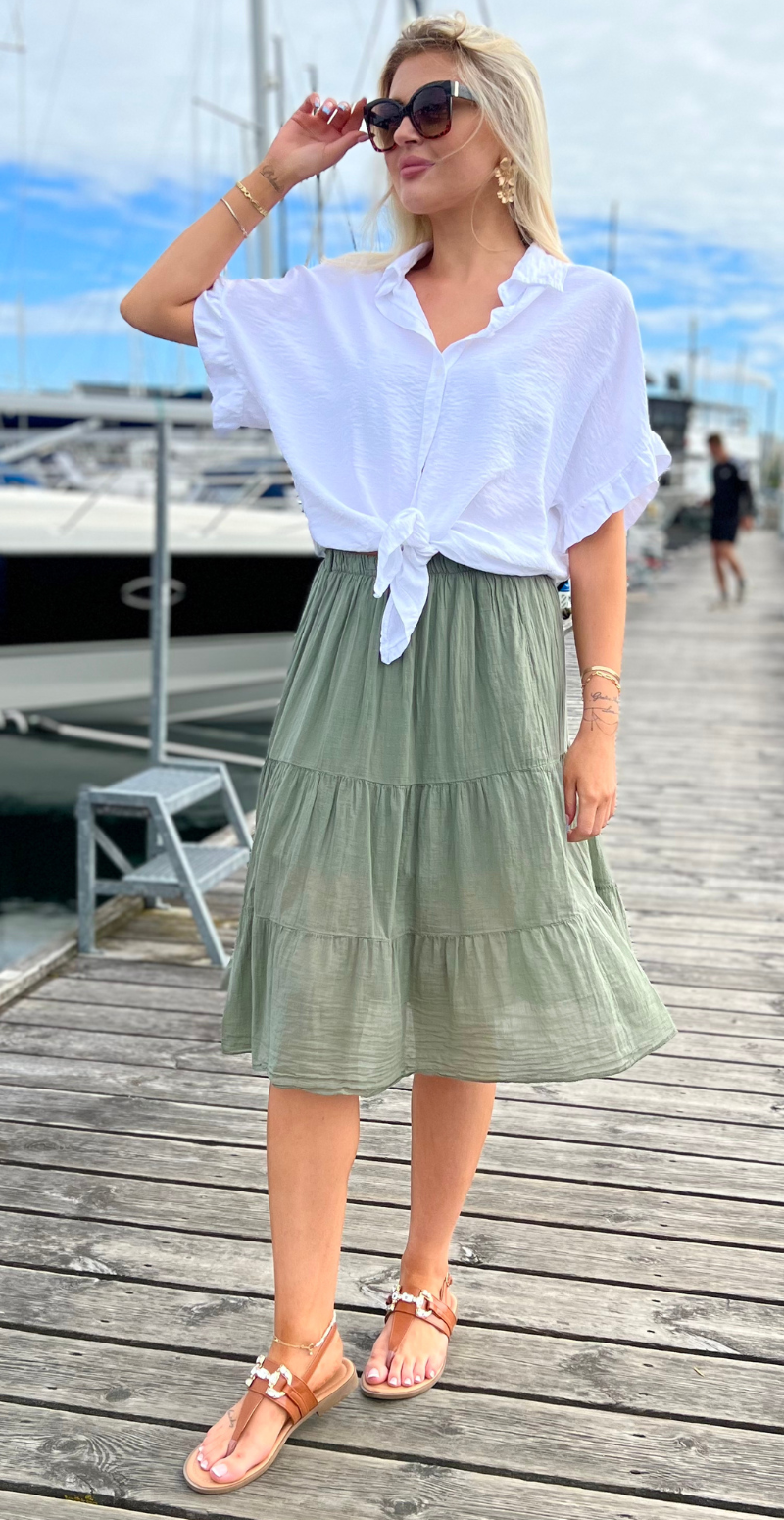 Nederdel i to lag med peplum og elastikkant khaki