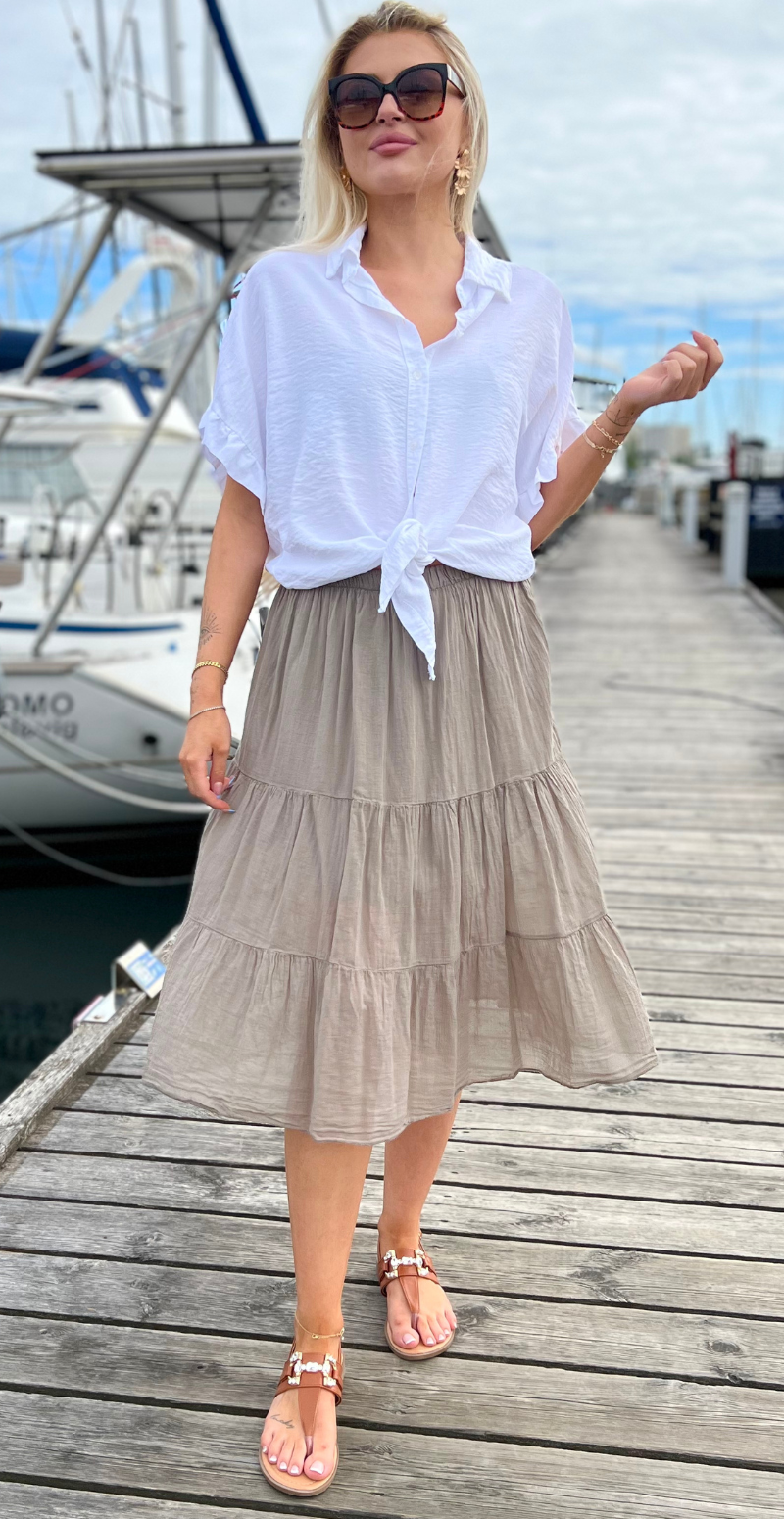 Nederdel med peplum og elastik i taljen mocca