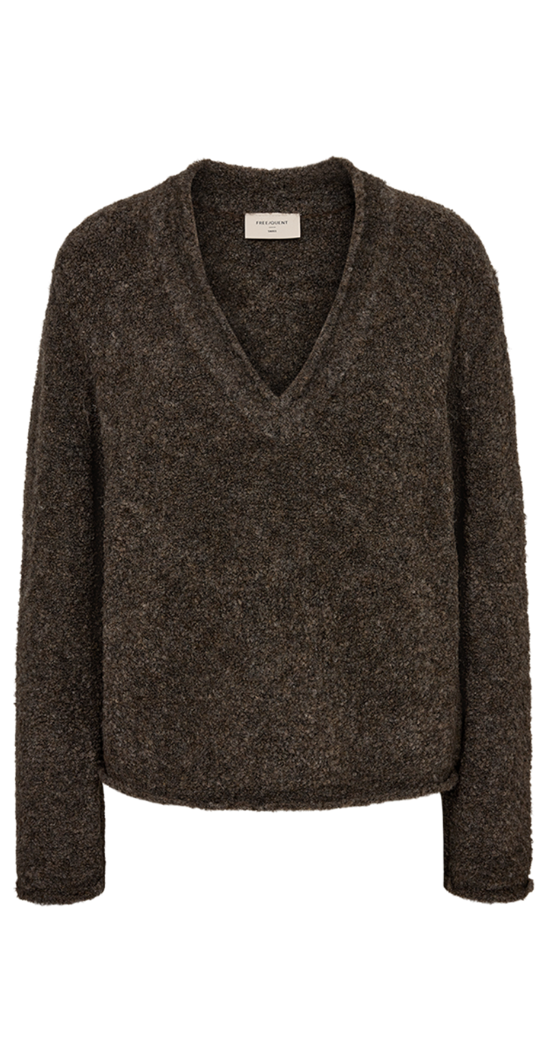 Limey boucle strik med v-hals morel melange