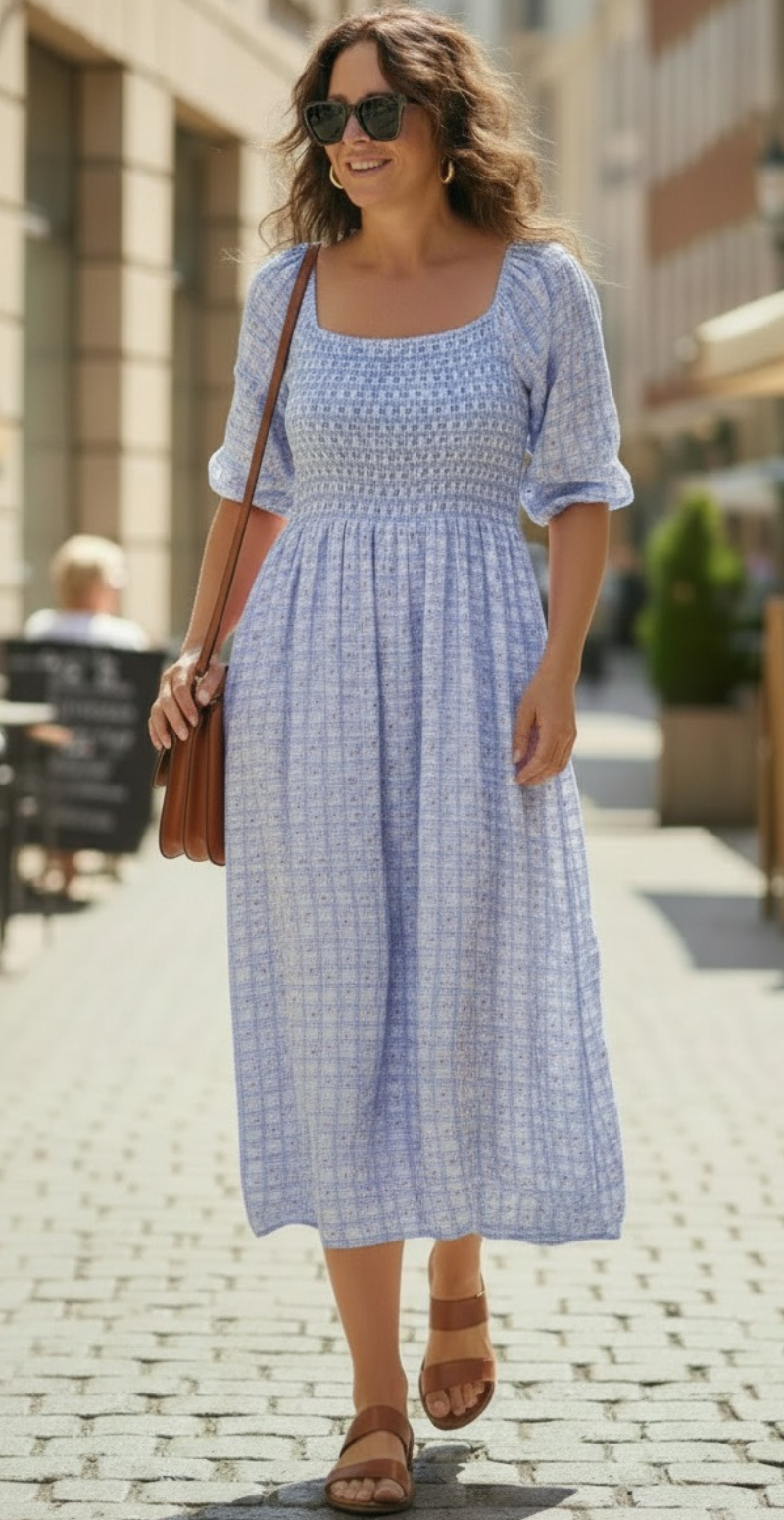 Olga ternet kjole med små blomster og smock blå LikeLondon