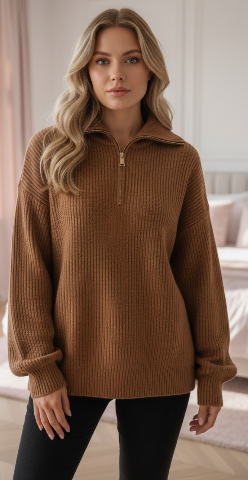 Mary strikket halfzip pullover brun LikeLondon