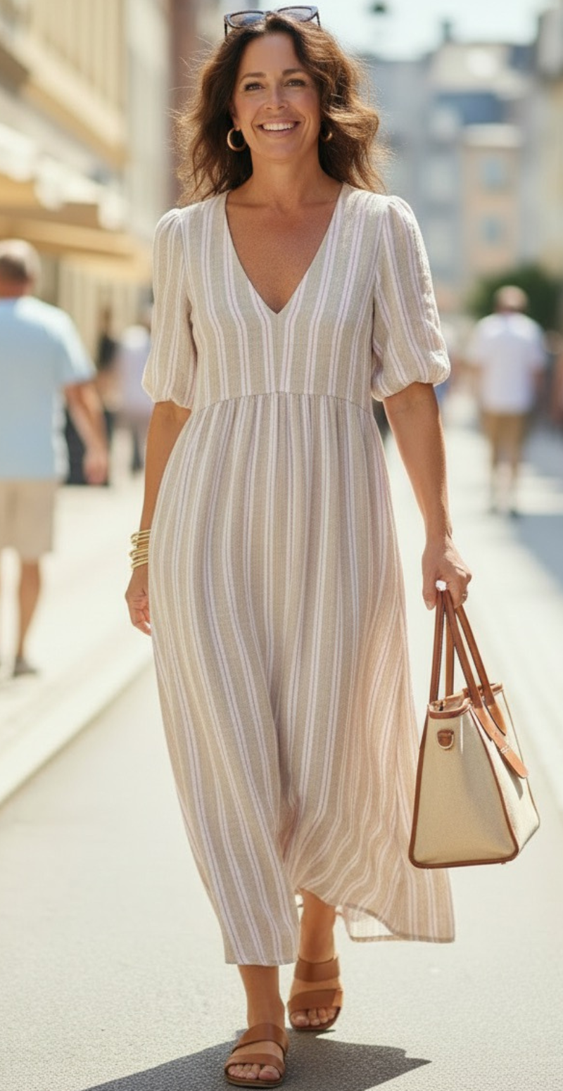 Zira lang kjole med grafisk mønster og v-hals beige LikeLondon