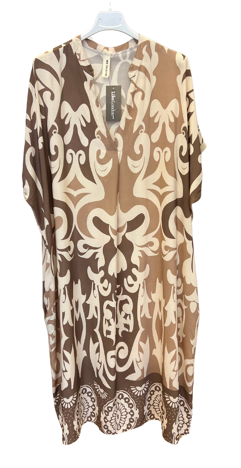 Forudbestilling uge 22 Melia kjole med mønster beige/mocca LikeLondon