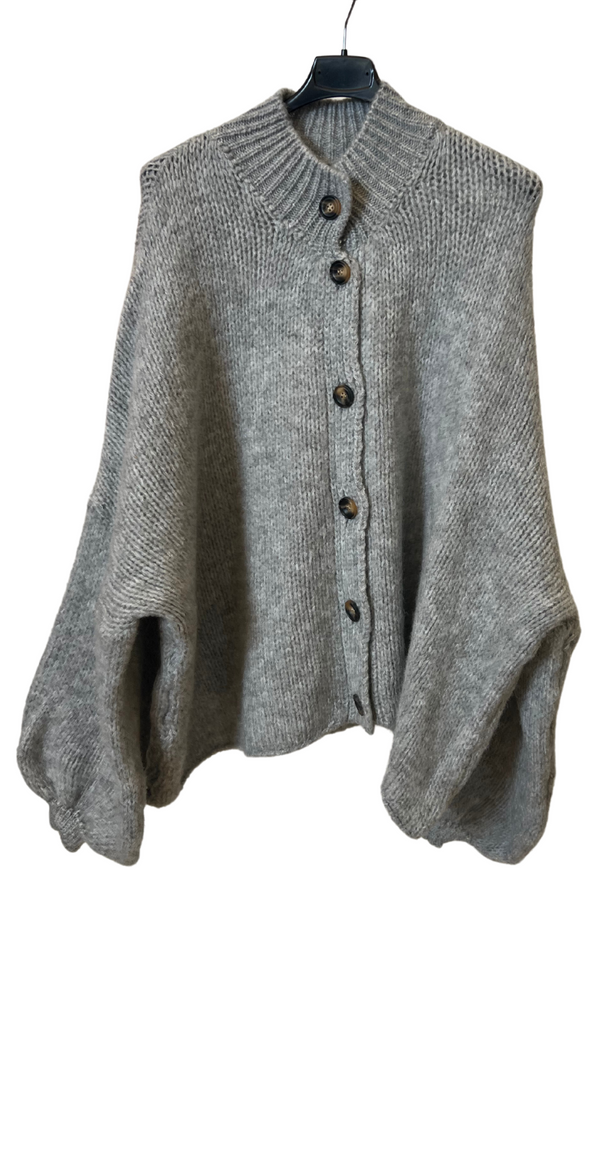 Dagmar strikcardigan med høj krave og ballonærmer grå LikeLondon