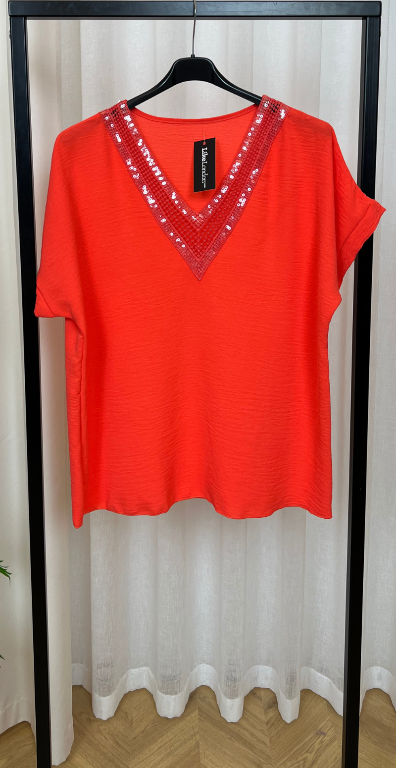 Dicota bluse med v-hals og pailletter orange LikeLondon