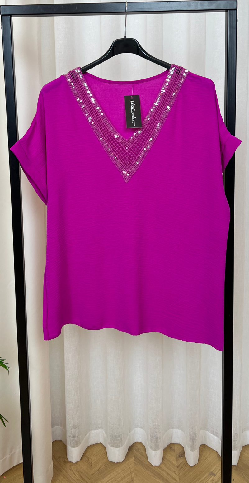 Dicota bluse med v-hals og pailletter magenta LikeLondon