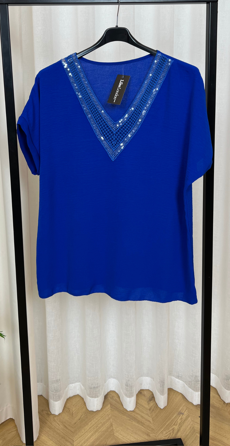 Dicota bluse med v-hals og pailletter royal blue LikeLondon