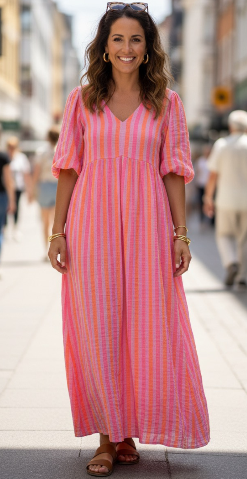 Zira lang kjole med grafisk mønster og v-hals orange/fuxia LikeLondon