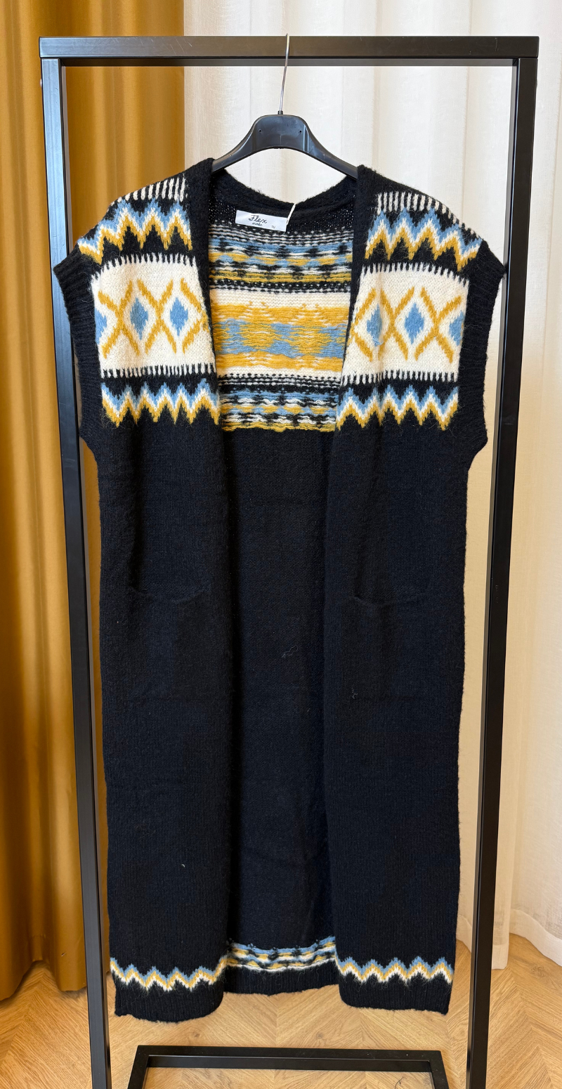 Fjola ærmeløs uldcardigan med mønster sort LikeLondon