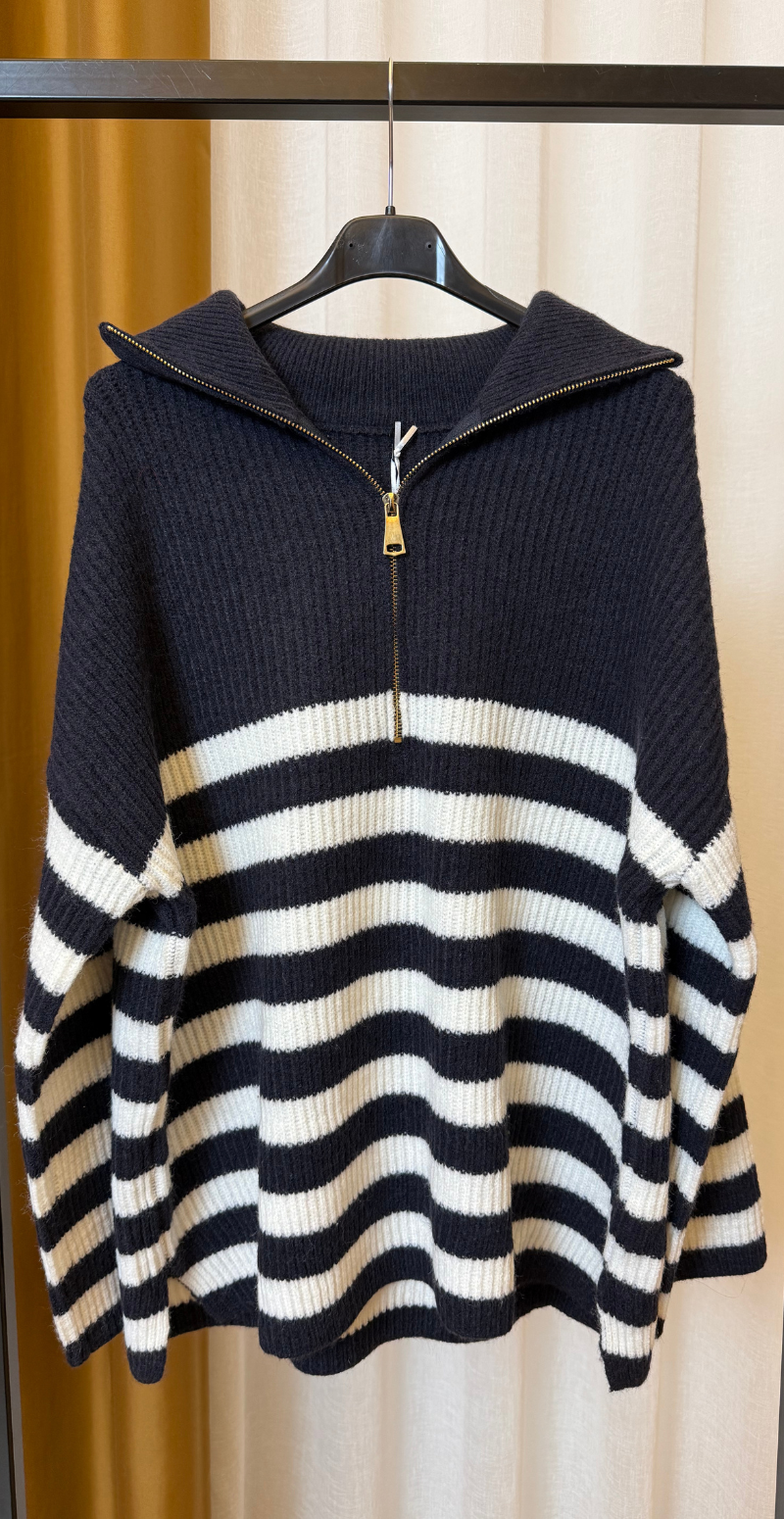Mary strikket halfzip pullover med striber navy/hvid LikeLondon