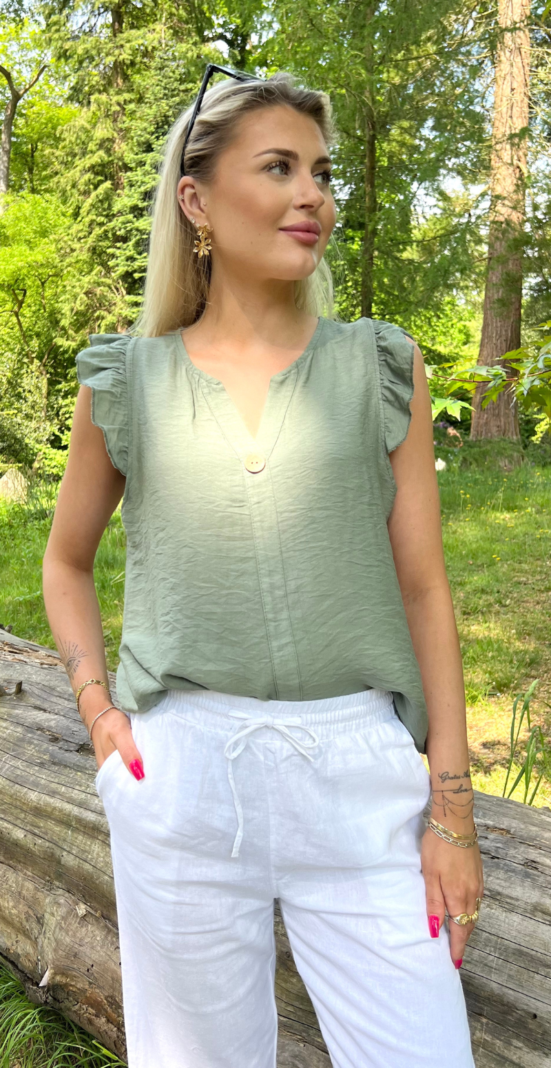 Lotus bluse med flæse detaljer khaki Likelondon