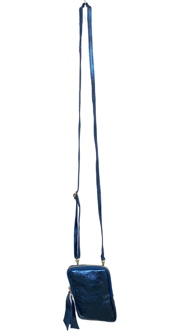 Crossbody læder mobiltaske metallic blå Likelondon