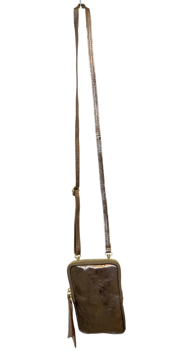 Crossbody læder mobiltaske metallic mocca Likelondon