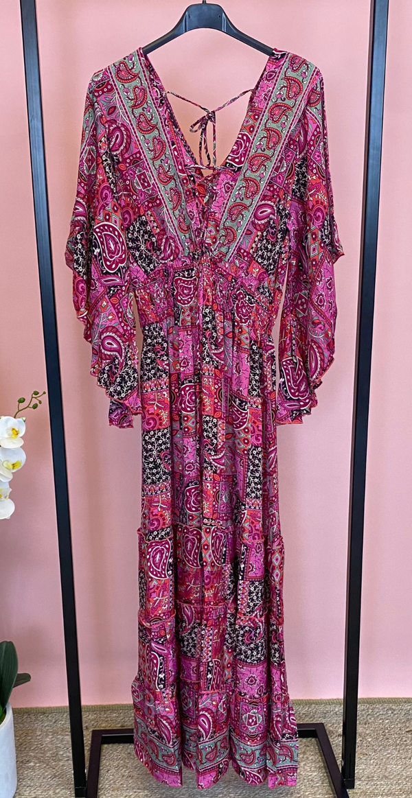 Lang kjole 100% silke med mønster pink Likelondon