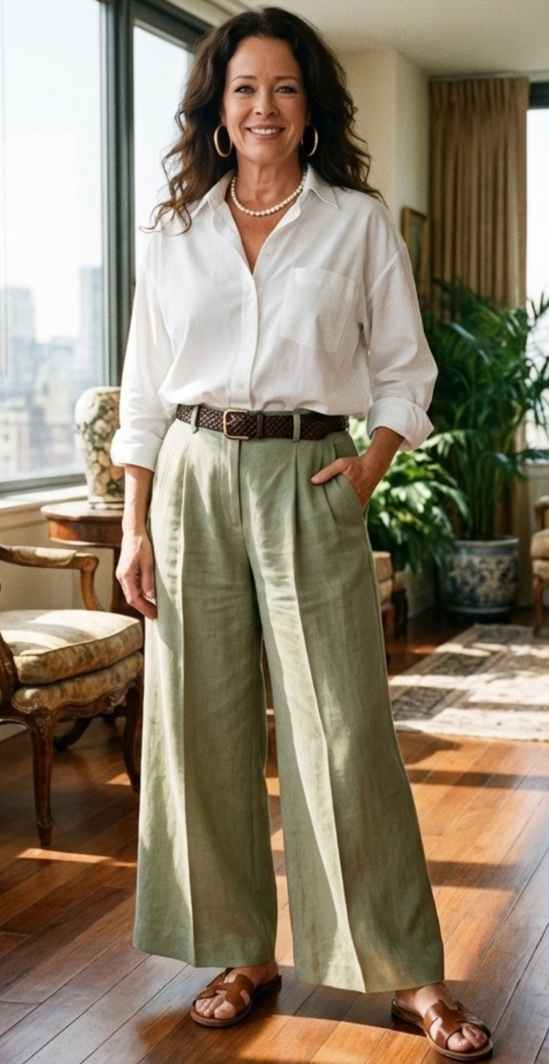 Romea bukser med vidde og bælte khaki LikeLondon