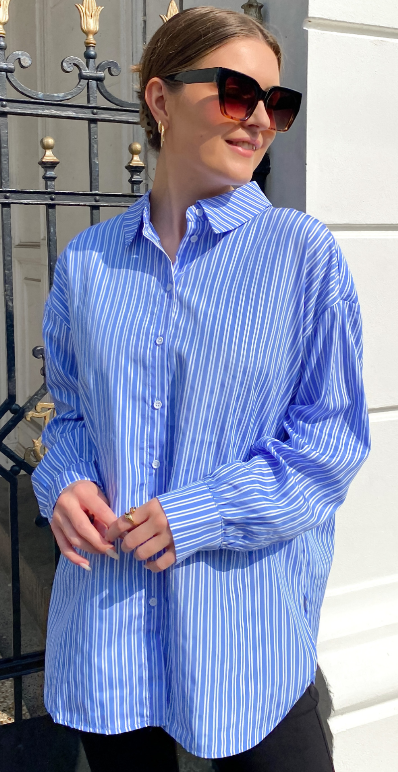 Stribet skjorte med blomsterbroche off-white w. colony blue