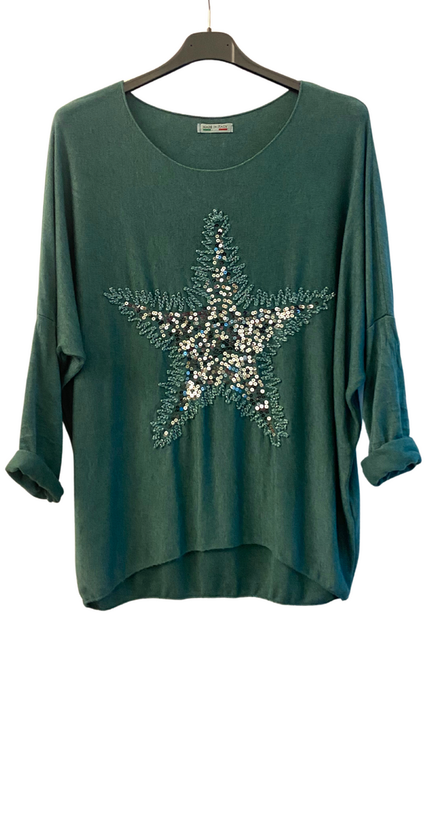 Strikbluse med paillet stjerne grøn Likelondon