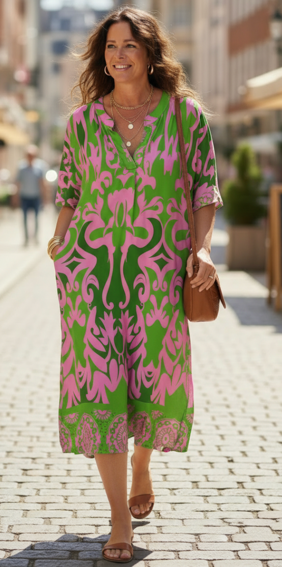 Forudbestil uge 15 Melia kjole med mønster pink/grøn LikeLondon