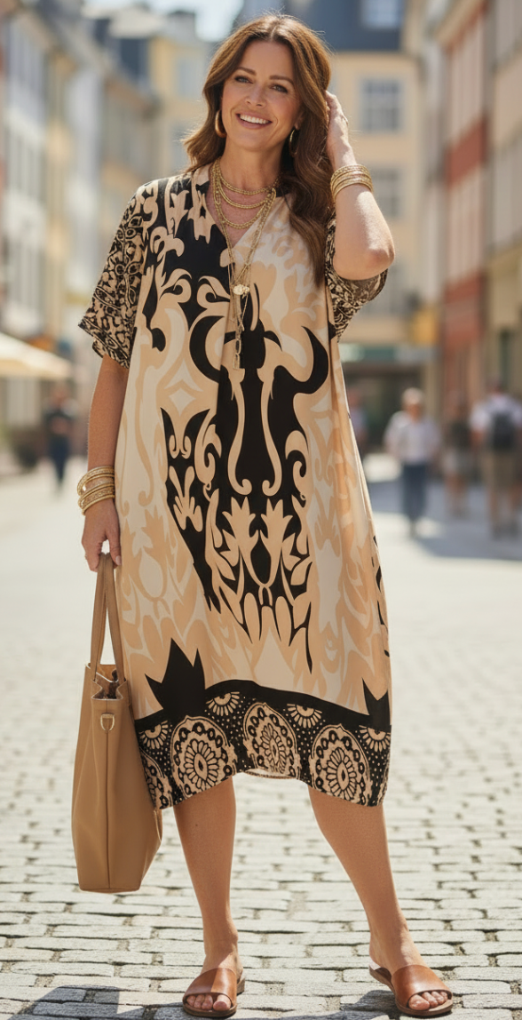 Forudbestil uge 15 Melia kjole med mønster sort/beige LikeLondon