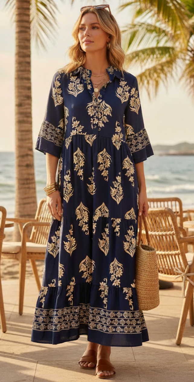 Harper lang kjole med peplum og blomstermønster navy LikeLondon