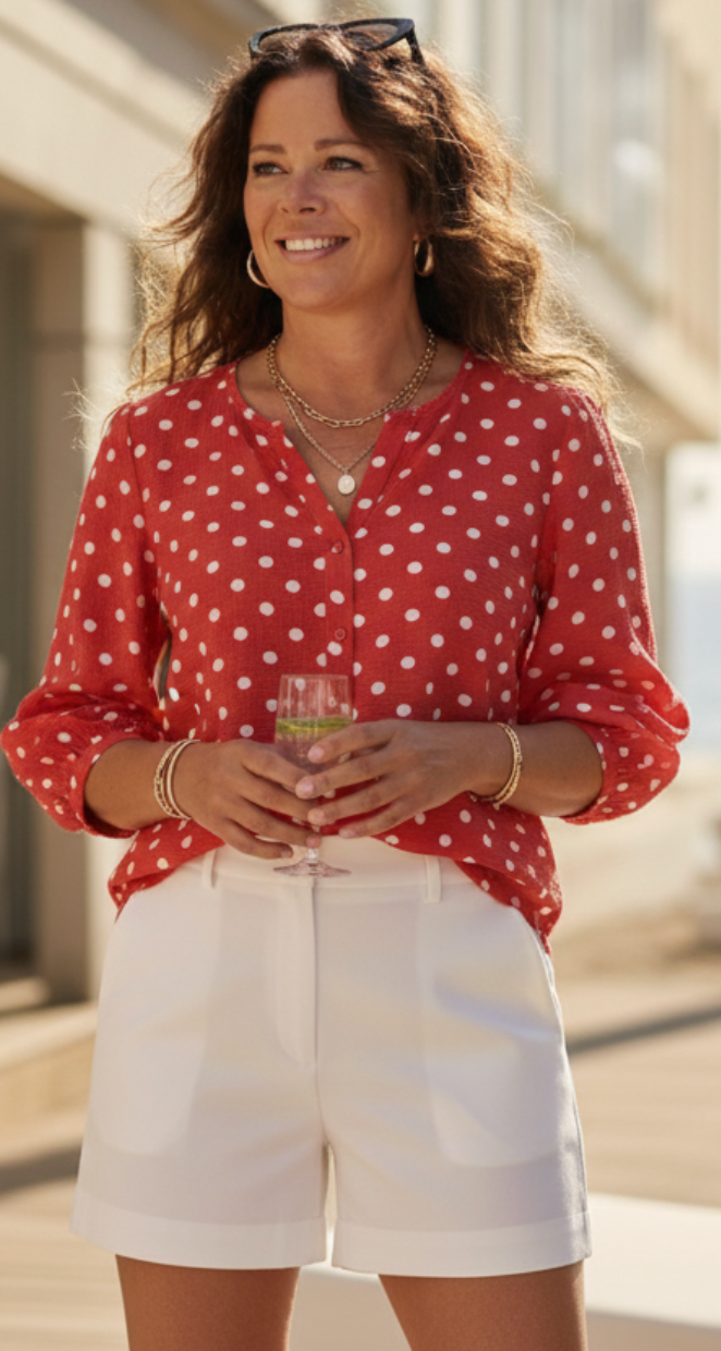 Alma bluse i krepp kvalitet med prikker true red w. sweet lilac Freequent