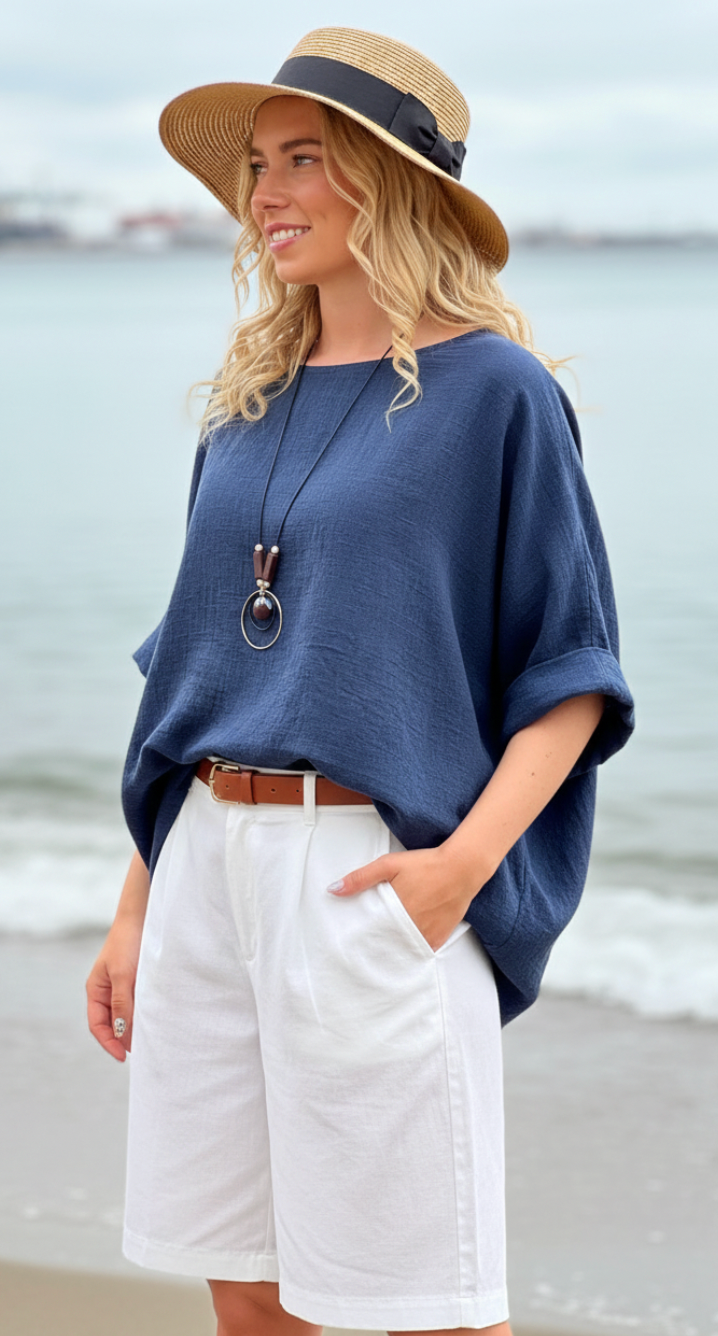 Alida bluse med vidde og halskæde navy LikeLondon