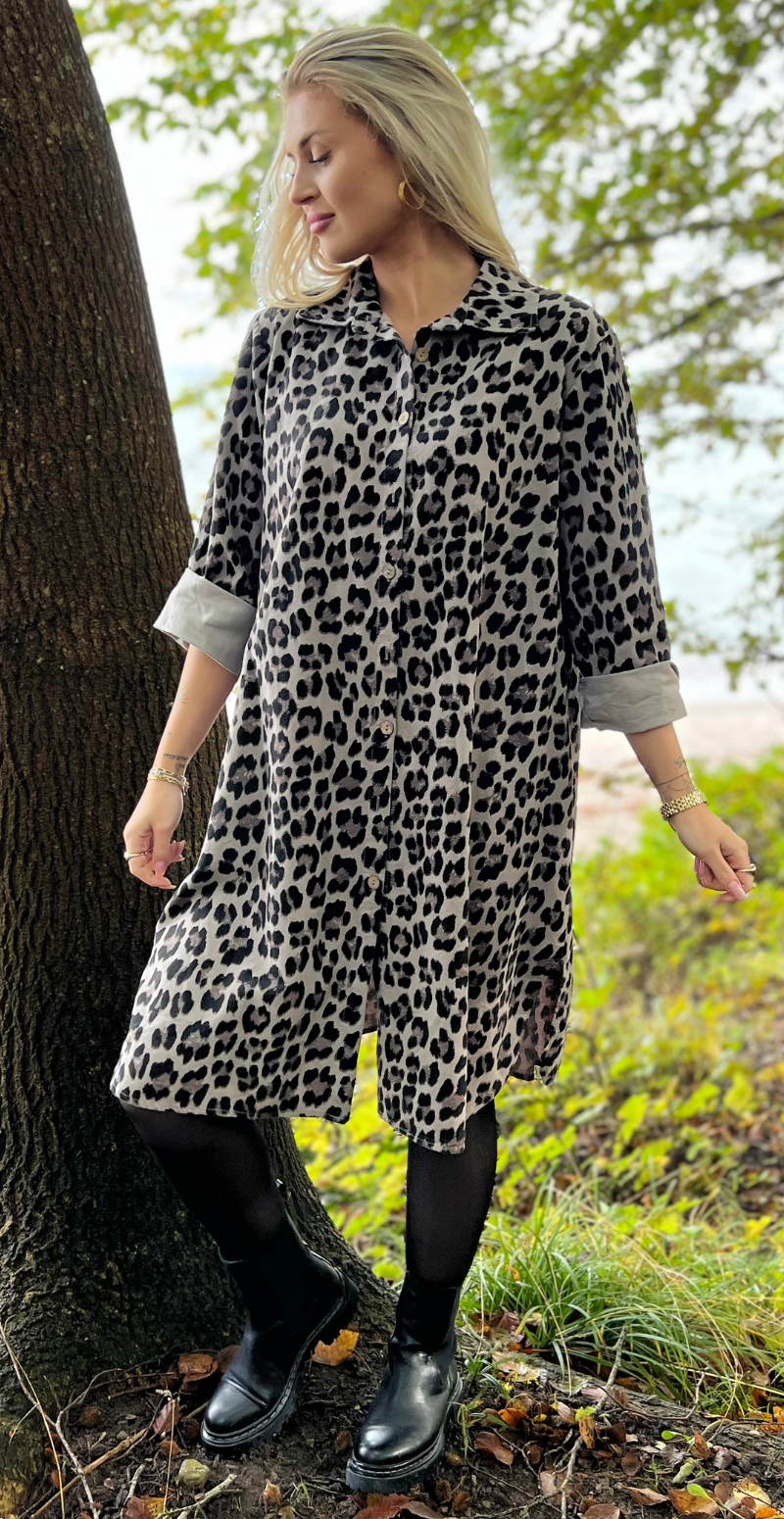 Danica fløjls kjole/tunika mocca leopardprint