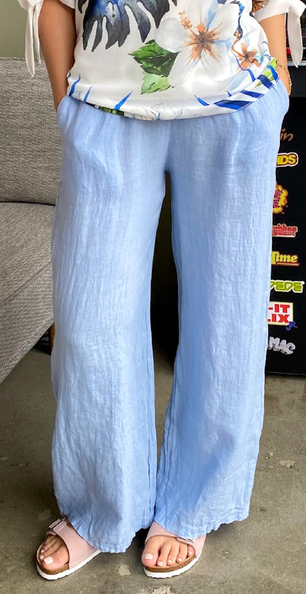 Lilli hørbukser med lommer og elastik i taljen lysblå Likelondon