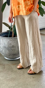 Lilli hørbukser med lommer og elastik i taljen beige Likelondon