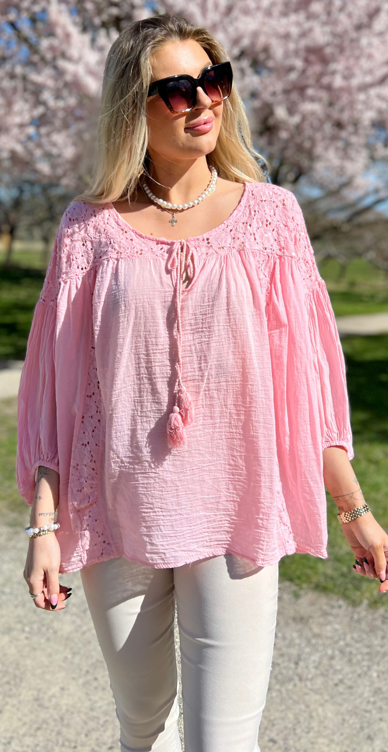 Macha bluse med blonde- og pailletmønster rosa LikeLondon