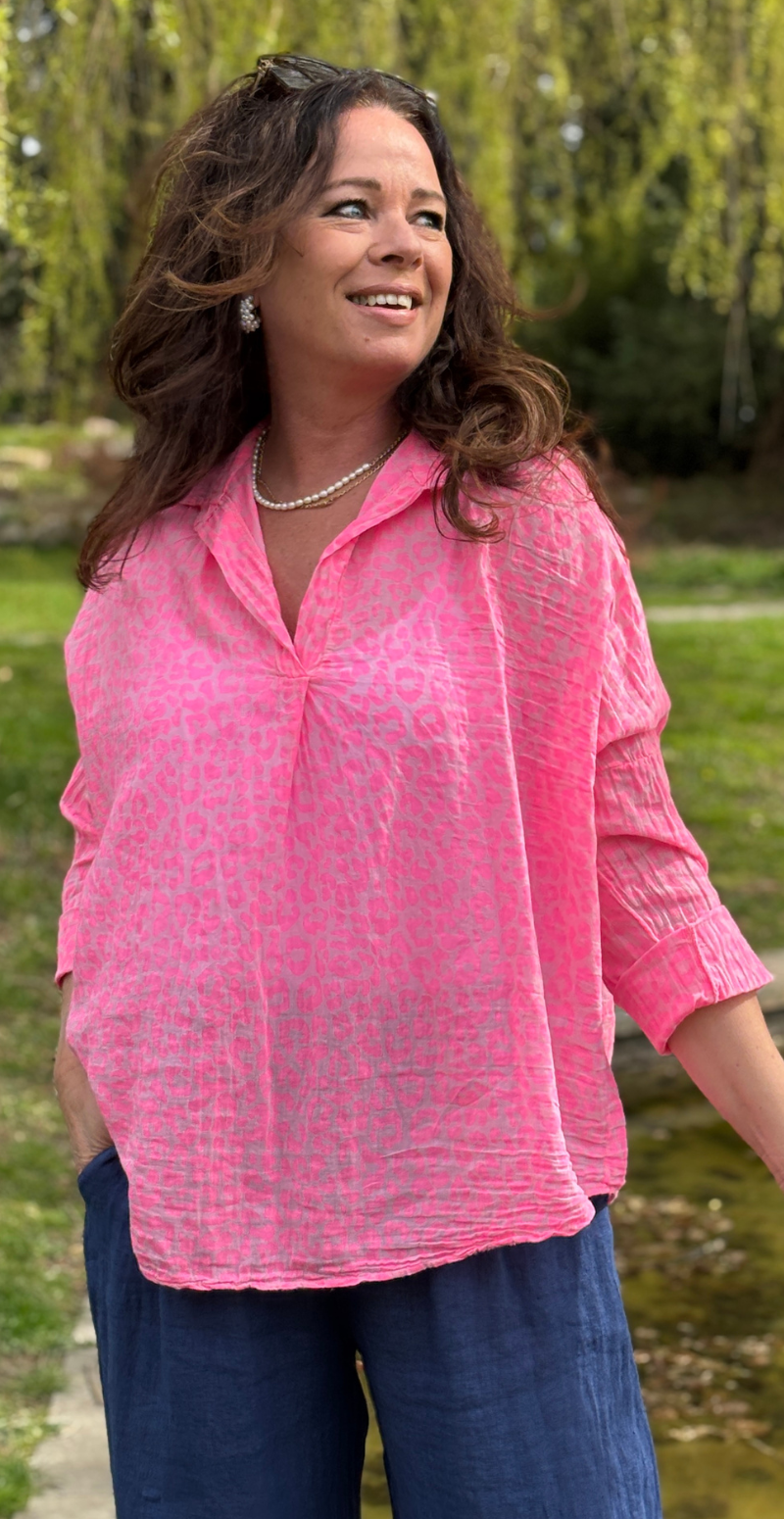 Leola bluse med leopard mønster pink/rosa LikeLondon