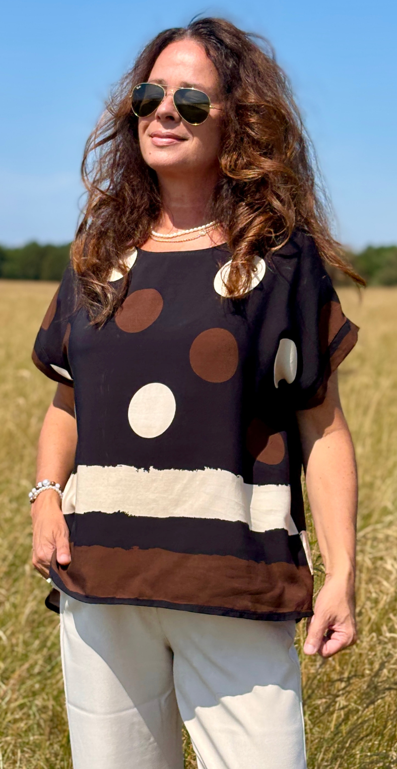 Regina bluse med prikker og brede striber sort LikeLondon