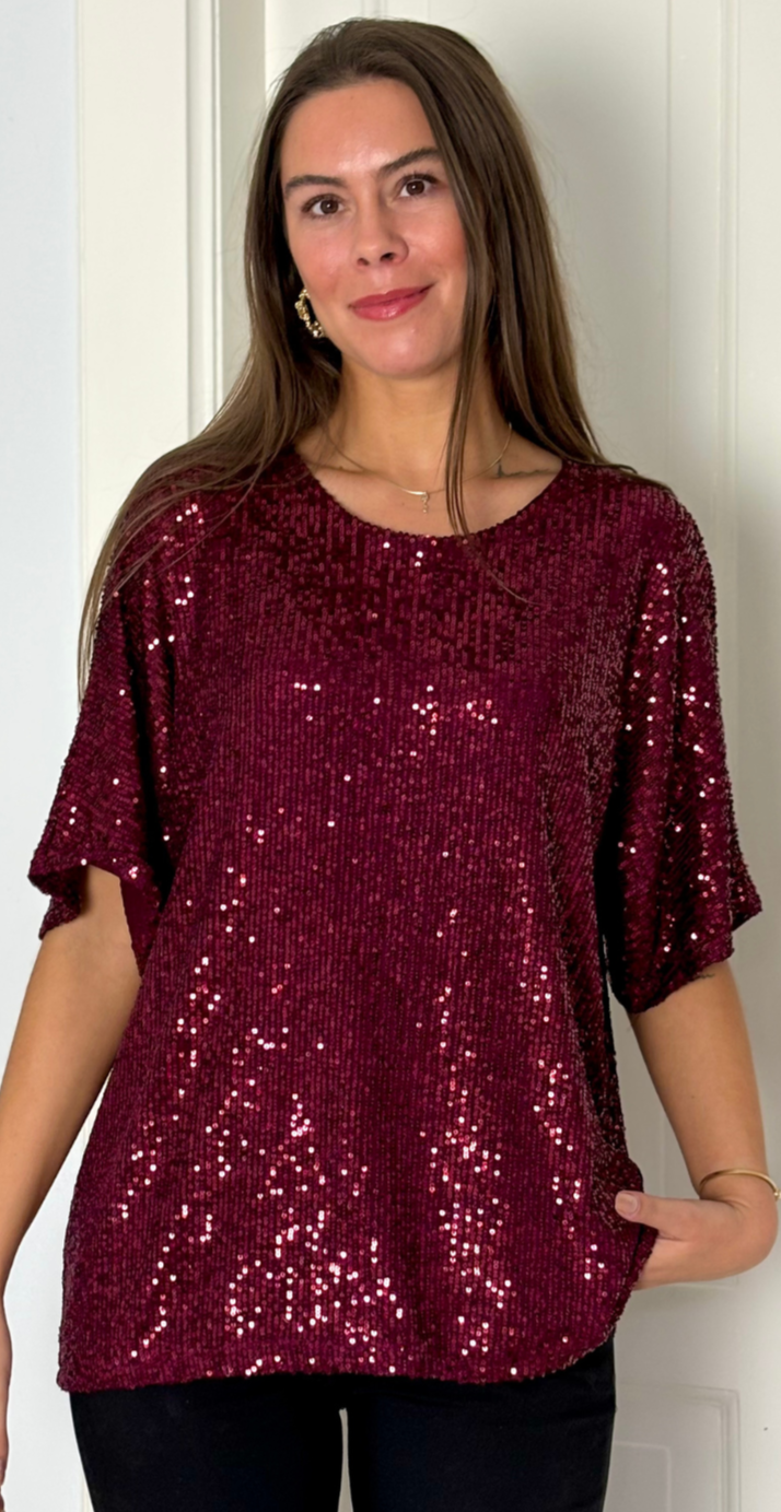 Gemma bluse med pailletter bordeaux LikeLondon