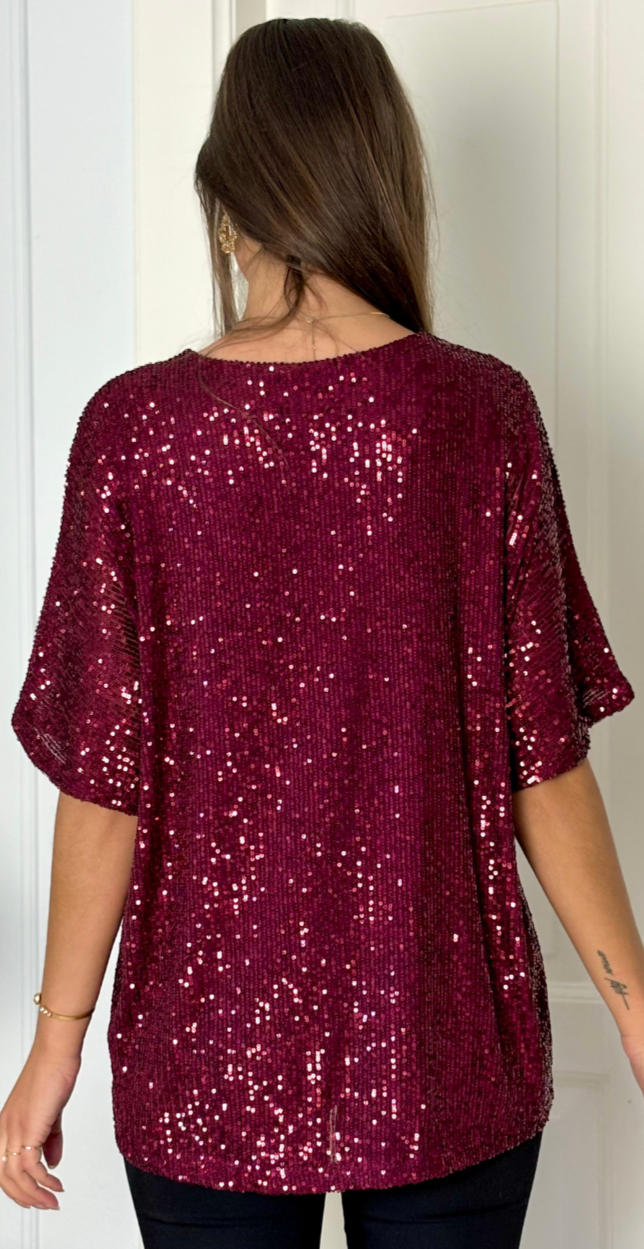 Gemma bluse med pailletter bordeaux LikeLondon