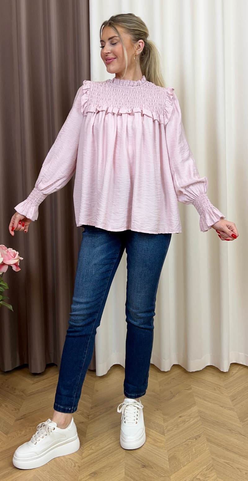 Carmela bluse med smock og flæsedetaljer pink LikeLondon