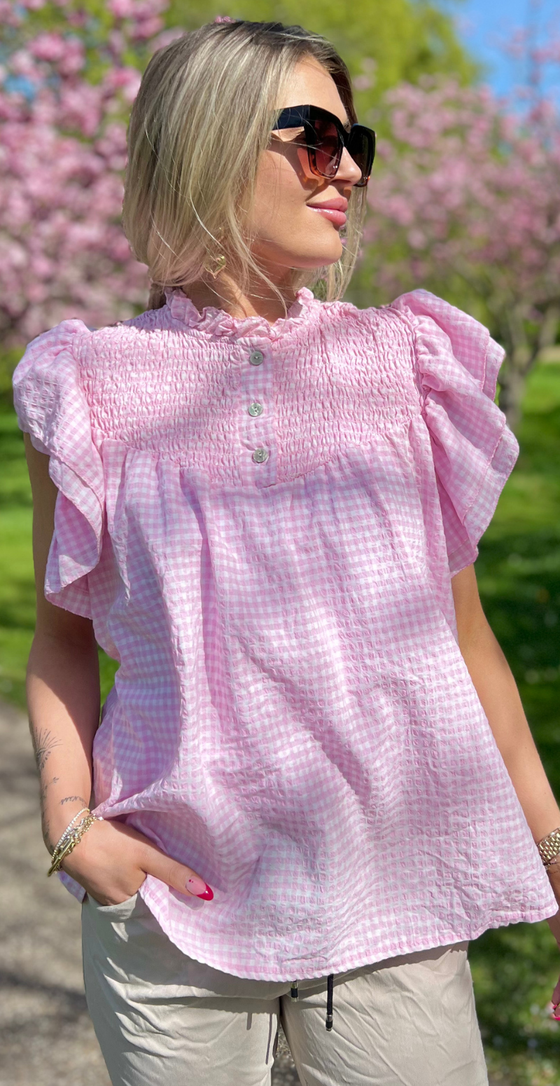 Gypsy ternet bluse med smock og flæseærmer lyserød LikeLondon