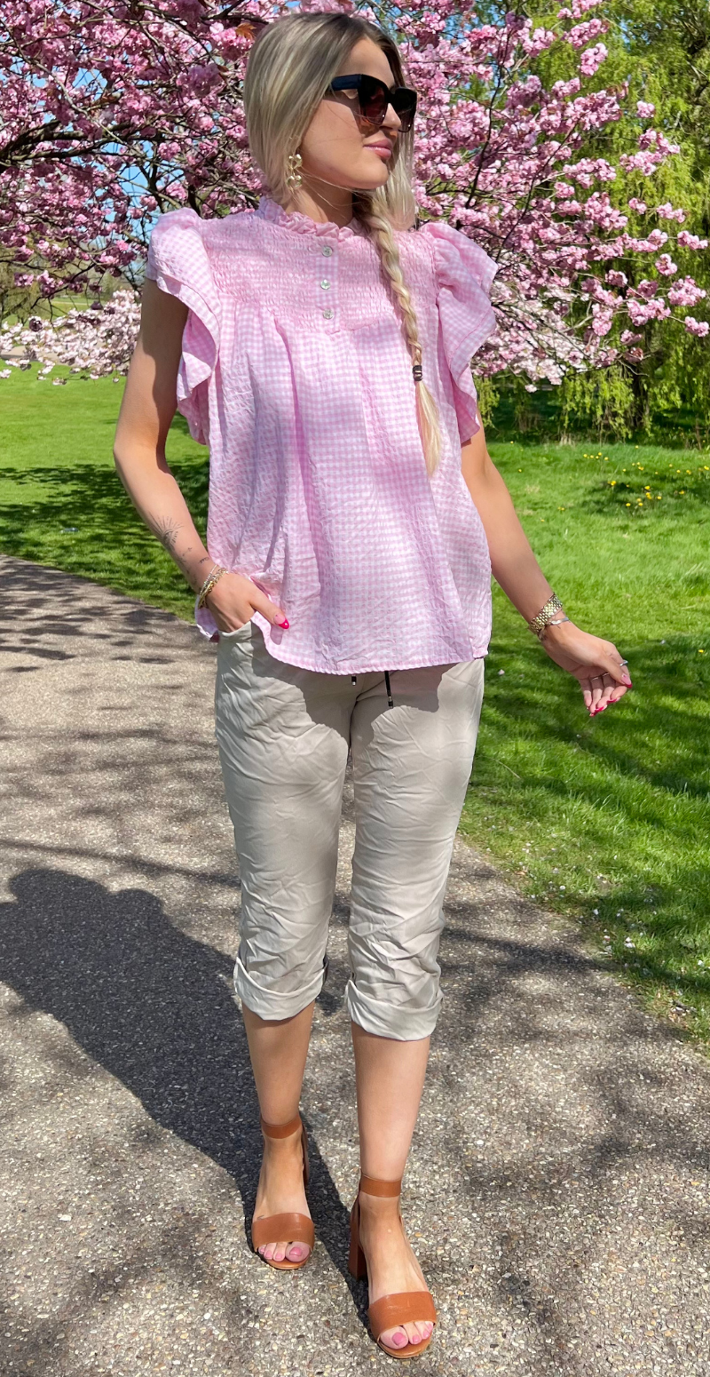 Gypsy ternet bluse med smock og flæseærmer lyserød LikeLondon
