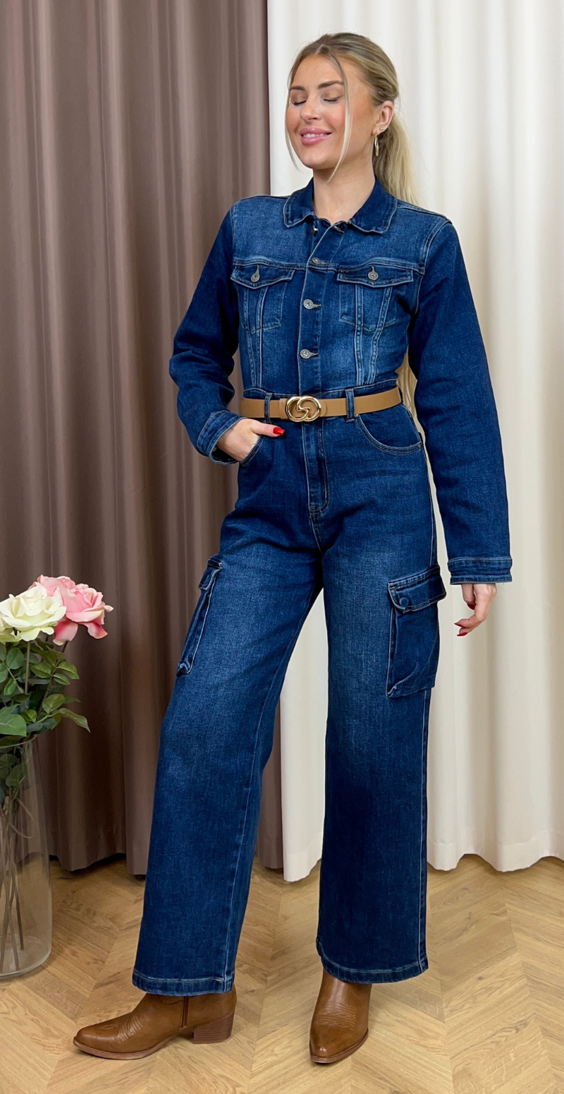 Elina denim-jumpsuit med lommer mørk denim LikeLondon
