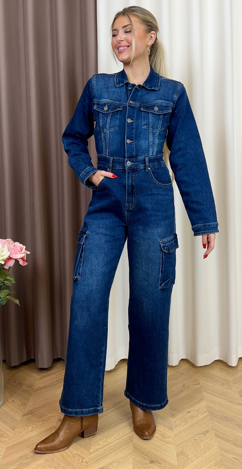 Elina denim-jumpsuit med lommer mørk denim LikeLondon