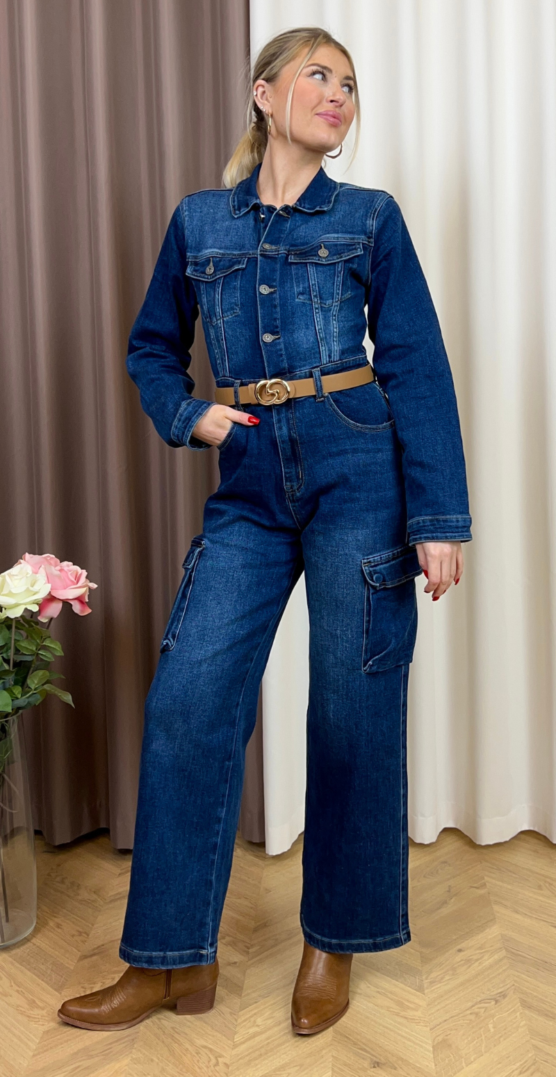 Elina denim-jumpsuit med lommer mørk denim LikeLondon