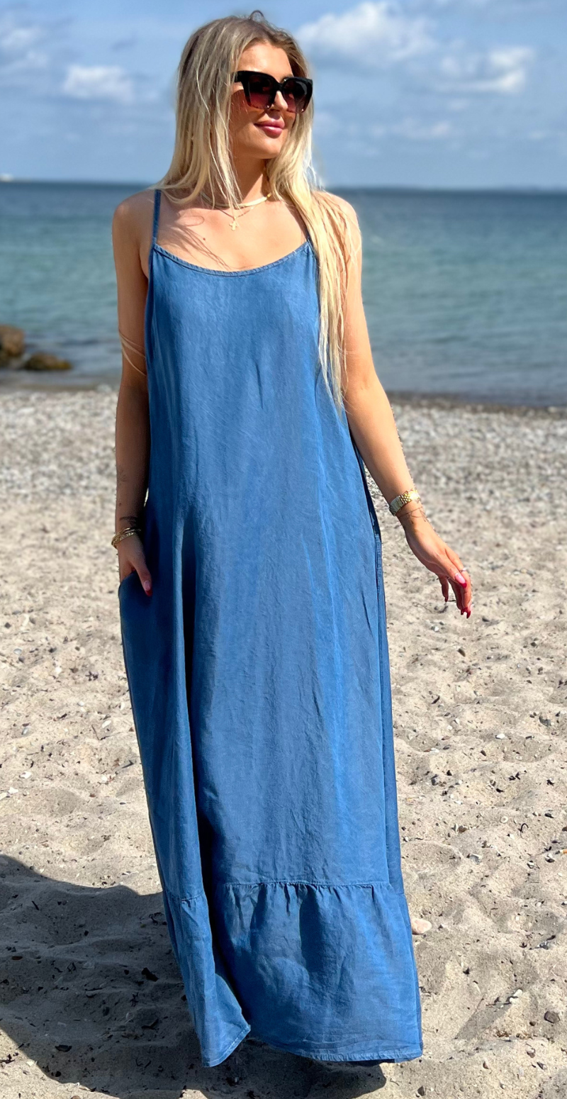 Ivalo lang denimkjole med lommer og peplum medium jeans LikeLondon