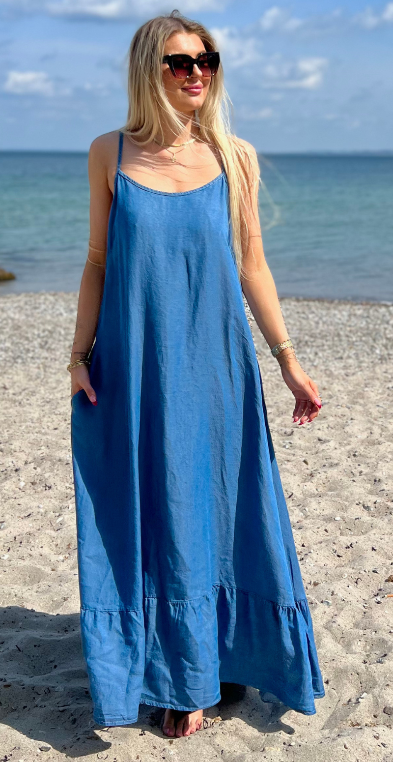 Ivalo lang denimkjole med lommer og peplum medium jeans LikeLondon