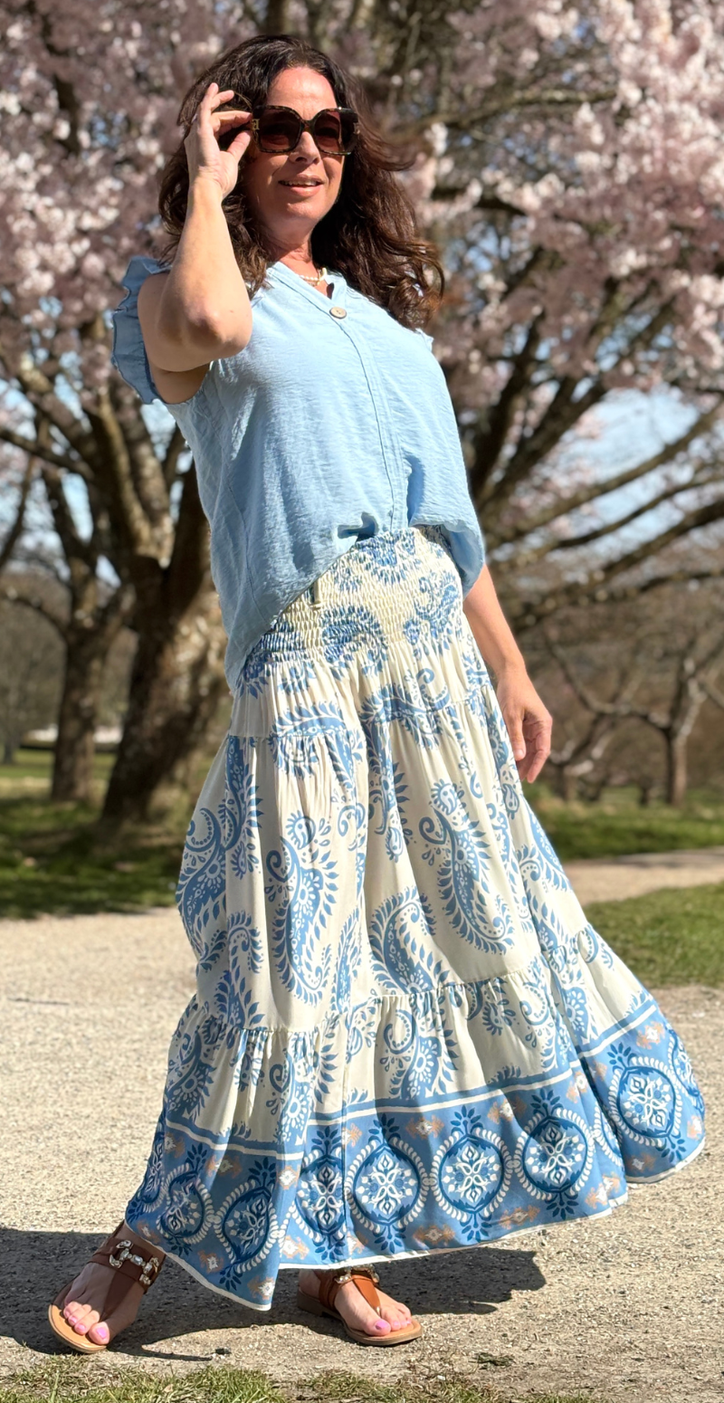 Jackie nederdel med paisley print lysblå LikeLondon