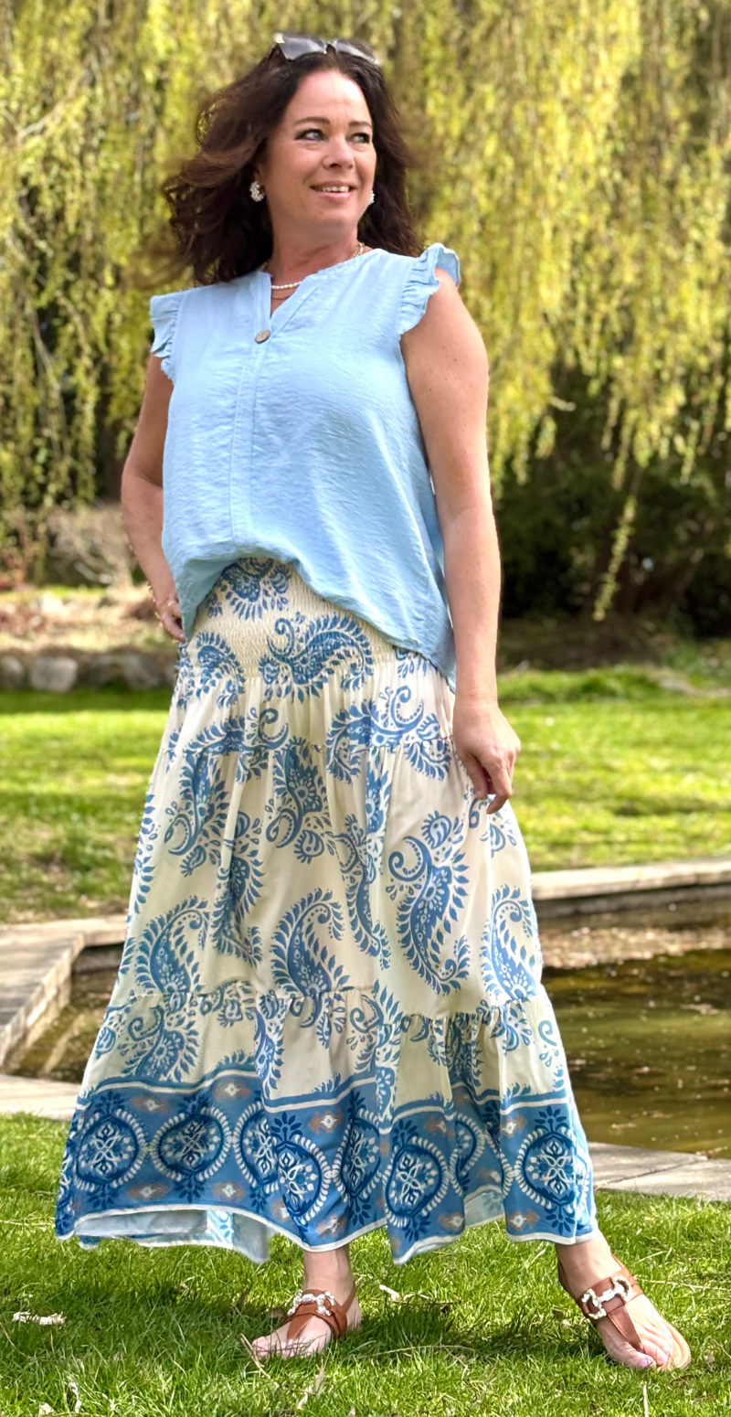 Jackie nederdel med paisley print lysblå LikeLondon