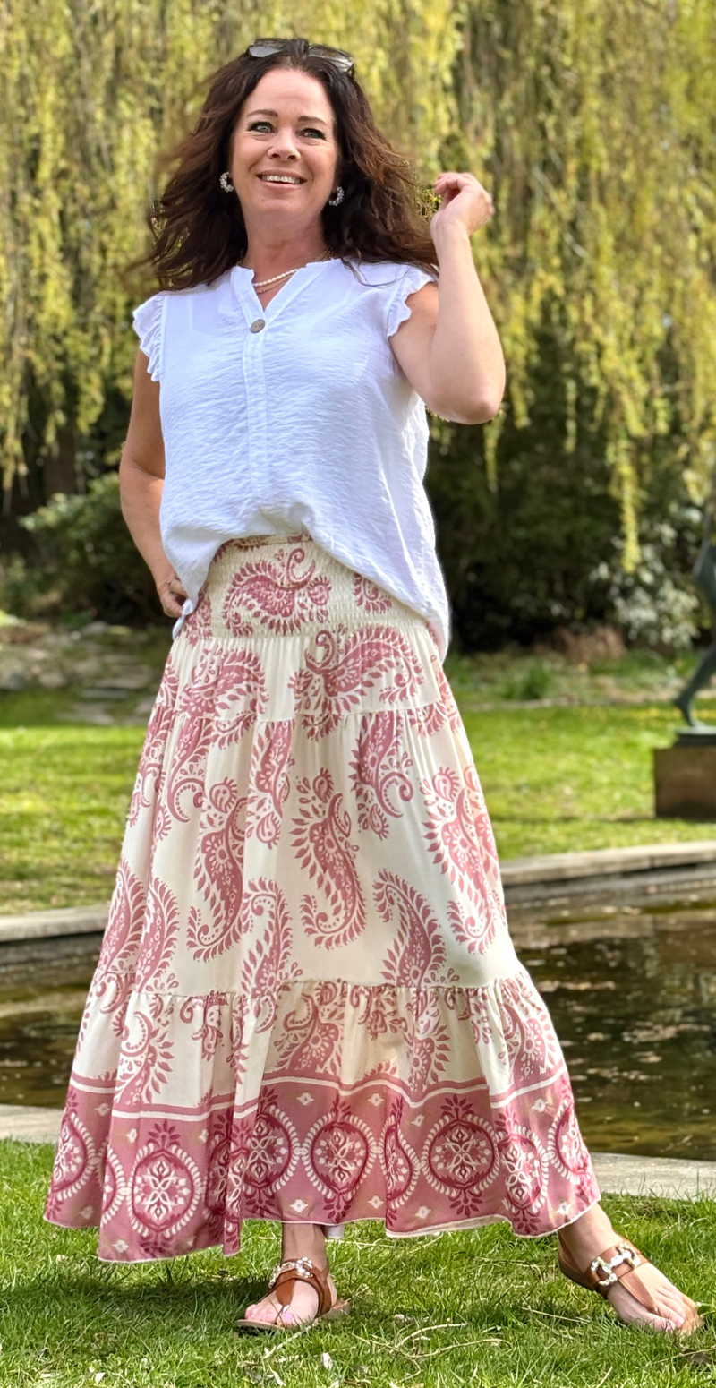 Jackie nederdel med paisley print rosa LikeLondon